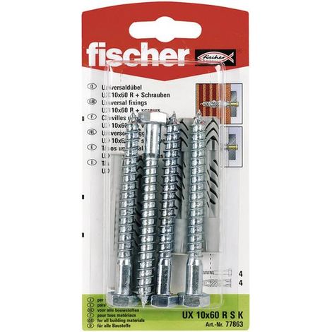 Fischer 4x  tasselli universali  UX 10  x 60  mm R  S con  bordo e  vite -  77863