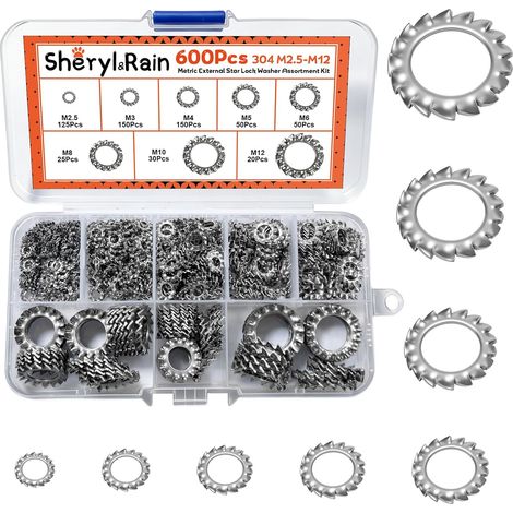 600 Pièces Rondelles de Serrage, Rondelles Metal,Rondelle de Blocage, Rondelle Dentées Externes en Acier Inox, M2,5/M3/M4/M5/M6/M8/M10/M12, Assortment Kit avec Boîte (1/5)