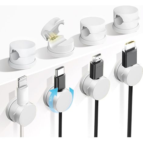 Lot de 8 supports de câbles rotatifs à 360°, organisateur de cordons à ressort, gestion du rangement des fils de bureau, support adhésif pour câble de charge de téléphone pour table de nuit (1/5)