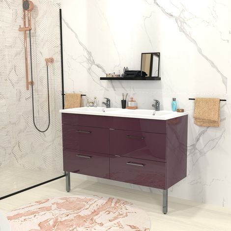 Le Quai Des Affaires – Ensemble meuble double vasque 120 cm – Vasque résine blanc brillant – 4 tiroirs avec découpe évacuation – Façades MDF laqué aubergine (1/5)