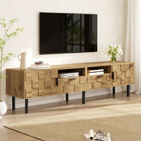 Meuble TV mosaïque 160x35x42.5 cm - 2 portes et 2 tiroirs - Aspect bois - Pieds en métal - 2 étagères ouvertes - Naturel et noir