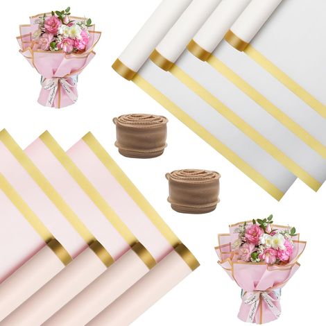 Geschenkpapier für Blumensträuße, 40 Blatt, rosa und weiß, wasserfest, Floristen-Geschenkpapier, 2 Fischgrätenbänder zum Verpacken von Geschenken, Blumengeschenkverpackung (1/5)