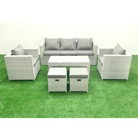 Fimous Rattan Garden Furniture Set 7 Seater Outdoor Garden Sofa Oblong Coffee Table Set with 2 Chairs 2 Stools Light Grey Mixed (1/5)