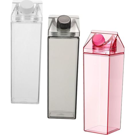 Bouteille d'eau réutilisable en carton de lait avec couvercle, 500 ml, boîte carrée en plastique pour le lait, pour les voyages, rose et noir) (1/5)