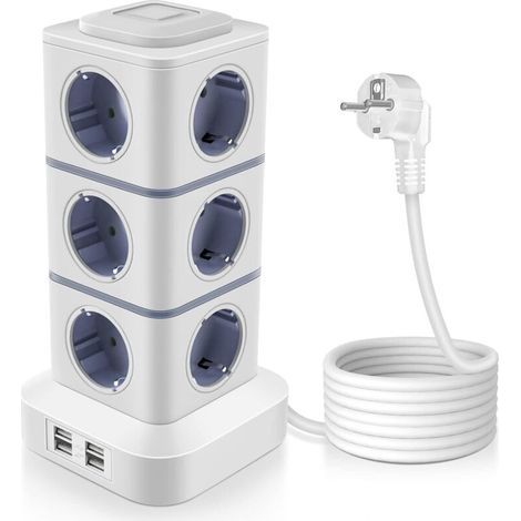 Multiprise 12 prises avec 4 ports USB de charge rapide, ignifuge haute température, tour multiprise adaptée aux appareils haute puissance jusqu'à 2500 W (1/5)