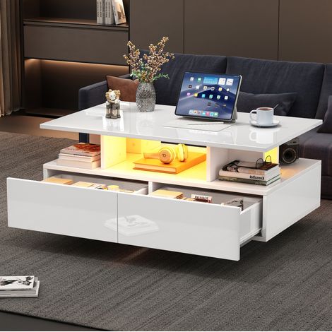 Tavolino da caffè 90x55x41 cm bianco in pannelli di legno con contenitore e LED, FloraGrace (1/5)