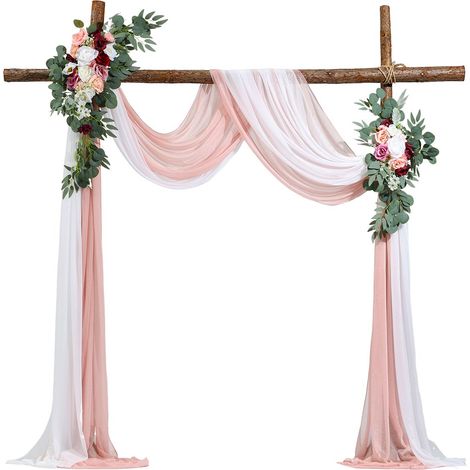 Kit Fleurs Artificielles pour Arche de Mariage avec 2 Bouquets de Fleurs, 2 Rideaux Translucides, pour Décoration Célébrations de Cérémonie, de Toile de Fond de Réception, Événements, Rose Blanc (1/5)