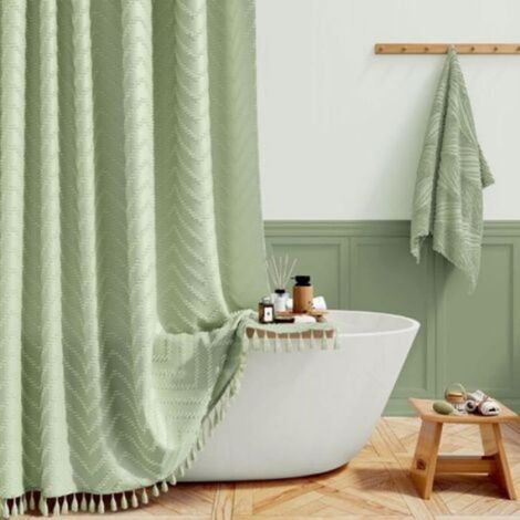 Rideau De Douche - 182 X 213 Cm - Vert Sauge - Rembourré À Rayures Avec Pompons - 12 Crochets (1/5)