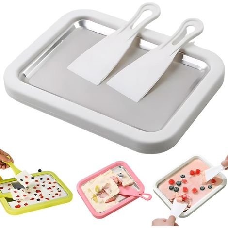 2026 Set per gelato a rullo Vassoio di congelamento in acciaio inox con 2 spatole, set per dessert fai da te facile da usare (bianco) (1/5)