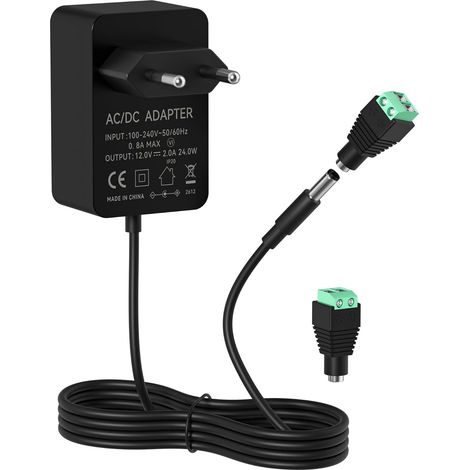 Adaptateur Secteur 12V 2A, Alimentation Transformateur AC/DC 100-240V 50/60Hz, Chargeur Fiche 5.5X 2.1MM 2 Fiches DC, pour Ruban LED, Routeur, Lecteur DVD, Caméras CCTV (1/5)