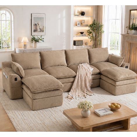 Canapé modulable 4 places velours côtelé 2 poufs coussins poches latérales mousse 3 couches ressorts confort salon bureau kaki (1/5)
