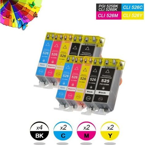Set de 10 Canon PGI-525 CLI-526 Cartouches d'encre (PGI 525BK2 + CLI 526BK-C-M-Y2) compatibles CANON Pixma IP4850-MG5250-MG5150