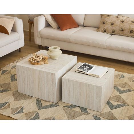 Lisa Design – Lot de 2 tables basses effet travertin 58 cm et 50 cm – Design épuré pour salon moderne – Surface facile à entretenir (1/5)