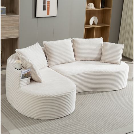 Divano in velluto a coste beige 250x152x82 cm con portabicchieri, tasche laterali e cuscino (1/5)