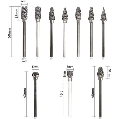10Pcs Fraises Rotatives en Carbure de Tungstène Burres, Fraise Metal tête de meulage pour outils rotatifs Dremel, meuleuse et travaux du bois, gravure, polissage du métal (1/3)