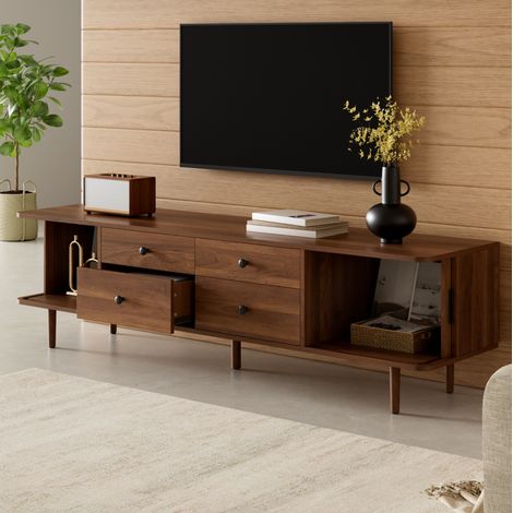 Mobile TV basso 165 cm in MDF color noce con 4 cassetti e 2 ante scorrevoli (1/5)
