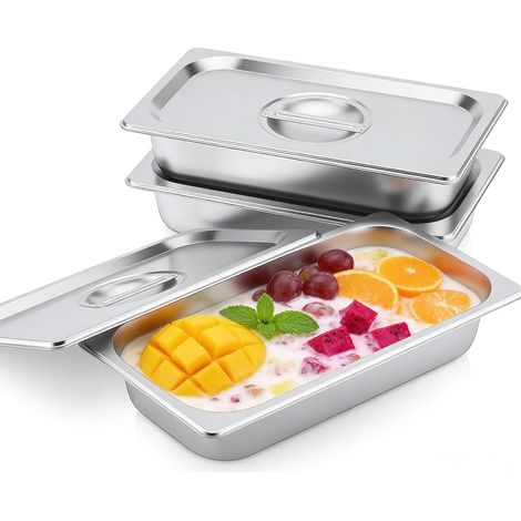 Lot de 3 Bac Gastro Inox, Couvercle Hermétique, Acier Inoxydable, 32,5x17,5x6,5cm, Empilable, Cuisine Professionnelle
