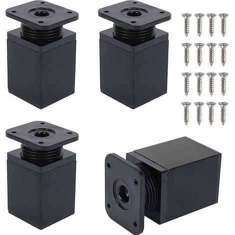 4 pieds carrés réglables en métal noir de 5 à 7 cm - vis incluses pour étagères, lits et bureaux (1/5)