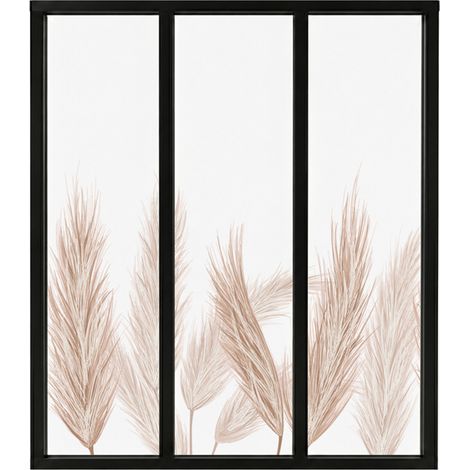 Verrière atelier intérieure aluminium noir 3 vitrages 102 x 117 cm - Décor végétal - Pampa - ocre et transparent - Verre trempé (1/5)