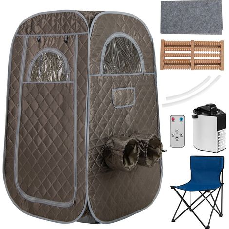 Sauna portable modèle pliable 89 x 89 x 149 cm avec 9 niveaux température chaise et masseur pieds ambiance cosy en tissu gris