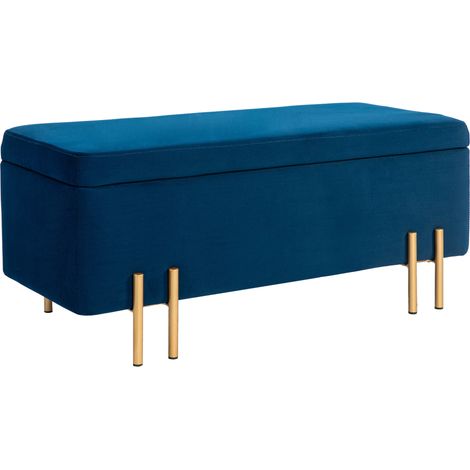 Banc de rangement rembourré en tissu bleu foncé avec structure bois et métal, 100 x 40 x 42 cm (1/5)