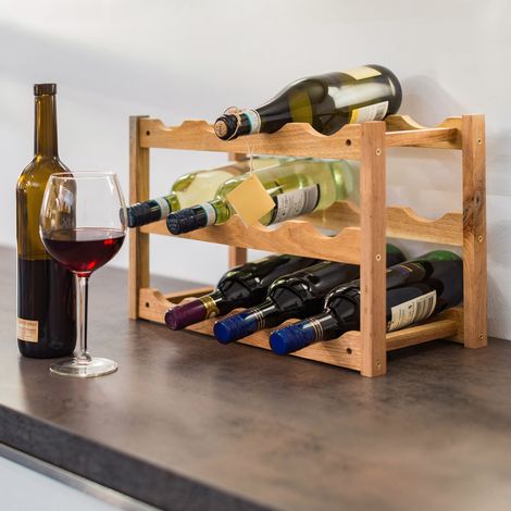 Relaxdays Weinregal klein, Flaschenregal mit 3 Ebenen für 12 Flaschen Wein, H x B x T: 28 x 42,5 x 21 cm, natürlich
