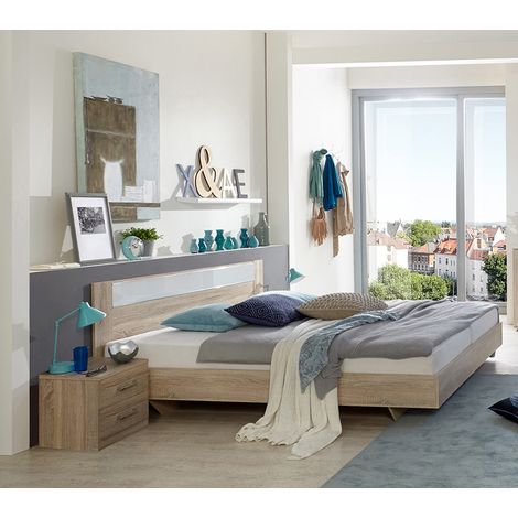 Lit adulte avec 2 chevets imitation chêne, rechampis verre blanc + chrome - Dim: 140 x 200 cm - PEGANE -