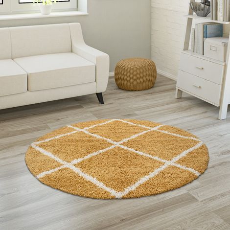 Paco Home Hochflor Teppich Weicher Wohnzimmer Shaggy Skandinavischer Stil Rautenmuster Ø 120 cm Rund, Gelb