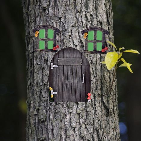 Décoration pour tronc d‘arbre, maison de lutins, elfes, fées, déco de jardin féerique, porte, fenêtres, marron (1/5)