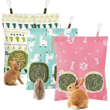 3-Piece Cotton and Linen Hanging Hay Bag Rabbit Hay Ratelier with 2 Holes for Guinea Pig, Chinchilla, Hamster and Other Small Animals (1/5)