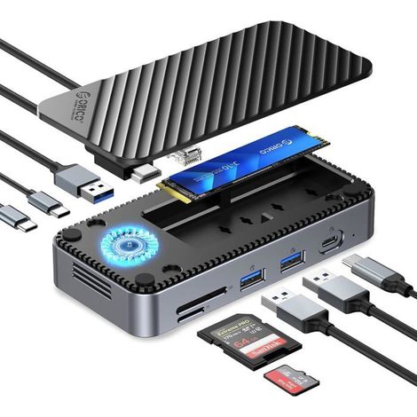 ORICO Hub USB C avec boîtier SSD NVMe M.2, station d'accueil USB C, 10 en 1, avec ventilateur intégré (1/4)