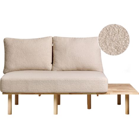 Sofá 2 plazas estilo Japandi estructura madera clara respaldo con mesa plegable tapizado de bouclé beige Salo