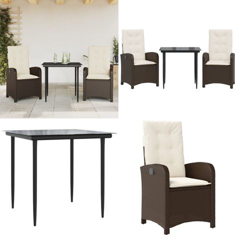 Ensemble à manger de jardin 3 pcs et coussins marron poly rotin - Chaise de jardin - Table de jardin (1/5)