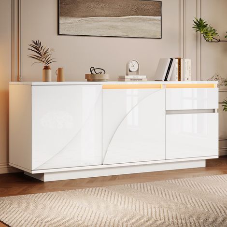 Buffet 140x40x60 cm , 3 portes, 1 tiroir, led, étagères réglables, laqué blanc, mdf (1/5)