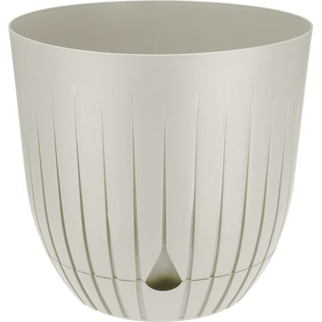 Vaso da fiori in plastica BRITTA con sottovaso, misura 4, diametro 26 cm, motivo a righe e scanalature, plastica, crema, lino, opaco (1/5)