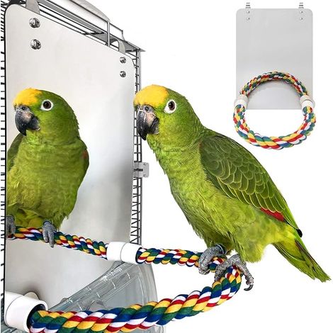 Miroir pour oiseaux de 18 cm avec poteau en corde, jouet pour cage à perroquets, balançoire pour oiseaux, jouet pour cage à perroquets, perruche, inséparable, canari (1/4)