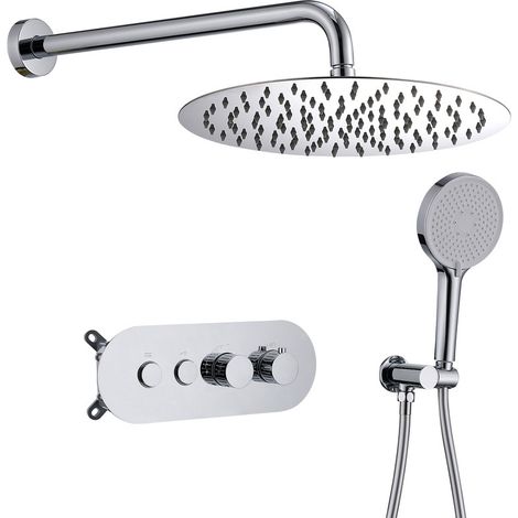 Colonne de Douche Encastrée Thermostatique 40°C Chromée, Pommeau 12" & Douchette 4 Fonctions, Corps en Laiton avec Boîtier d’Encastrement, Double Commande, Système Douche Murale (1/5)