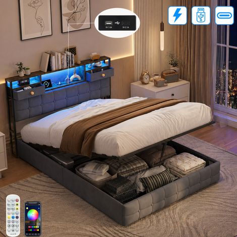Lit Coffre 140x200 avec Rangement – Lit Double à Levage Hydraulique, Éclairage LED, Prises USB/Type-C, Tête de lit Rembourrée avec Rangements – Sommier Inclus – pour Ado et Adulte, Velours, Gris (1/5)