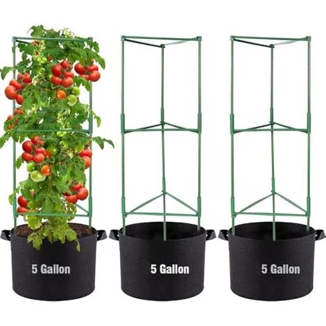 Lot de 3 cages à tomates carrées avec sacs culture 15 litres, kit piquets support pour plantes jardin, treillis fleurs, légumes grimpantes verticales (160 cm) - 160 cm (1/5)