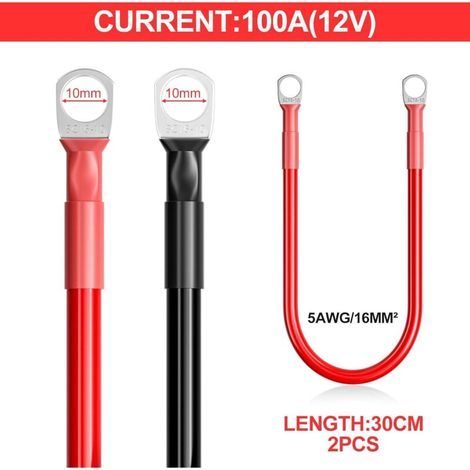 2 câbles de batterie de 30 cm, 16 mm², rouge et noir, câbles pour onduleur de batterie 5 AWG avec cosses à œillet