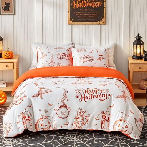 Parure de lit Halloween Citrouille Chat King-Size 230x220 cm Réversible Microfibre