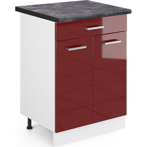 Mobiletto base per cucina R-Line, Rosso bordeaux lucido, 60 cm con cassetto, PL Antracite, Vicco