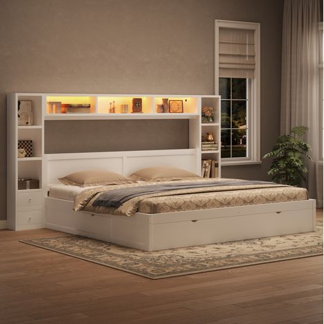 Lit 180x200 cm MDF blanc, rangement LED, gain de place, sans matelas – MEUBLIV (1/5)