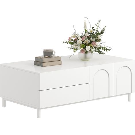 CHICFURN Mesa de centro rectangular con 2 cajones y 2 puertas, almacenamiento cerrado, patas de acero tubular, acabado blanco, ideal para salón moderno y ordenado (1/5)