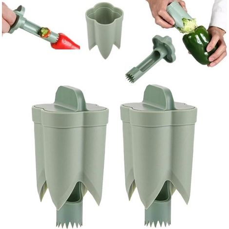 Taladro de semillas de pimiento de 2 piezas, Cortador de pimientos 2 en 1, Cortador rápido para quitar el corazón de los pimientos, Beige, verde (1/5)