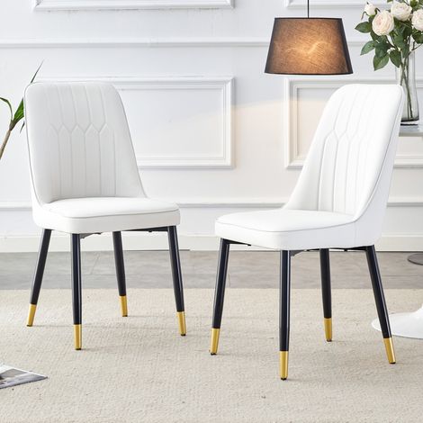 Chaise de salle a manger en PU blanc et metal noir, moderne, dossier ergonomique et patins antiderapants,43×41.5×89cm (1/5)