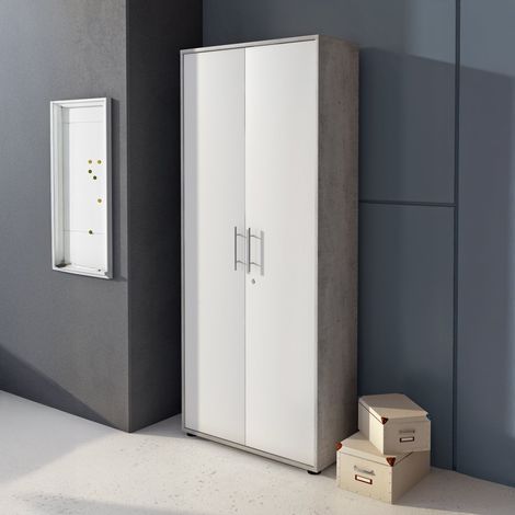 Armadio Multiuso 2 Ante Saponara, Cassetti, 4 Ripiani, 2 Ante, 79x188h cm Grigio Cemento (1/4)