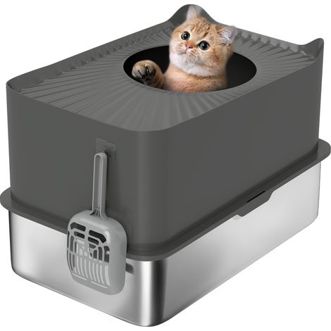 Stainless Steel Cat Litter Tray-Extra Large Enclosed Litter Box with Scoop-Top Entrance-Non-slip Pads-Dark Grey (1/5)