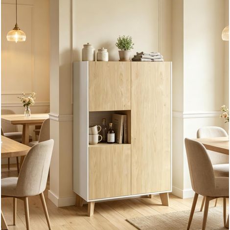 Sideboard 80 x 40 x 135 cm weiß und helle Eiche mit Soft-Close OKMYHOME (1/5)
