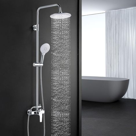 Colonne de Douche avec Mitigeur Douche Monocommande, Ensemble de Douche Réglable en Hauteur, Mitigeur Mécanique Système de Douche avec Tête de Douche Ronde 20CM et Douchette 3 Jets, Chromé